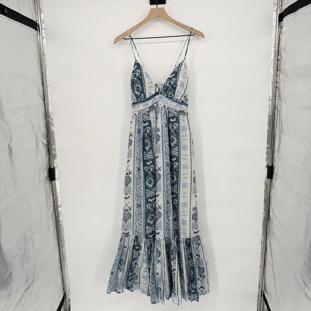Abercrombie & Fitch Sz MT Blue Bra-Free V Neck Flowy Tiered Tie Back Maxi Dress